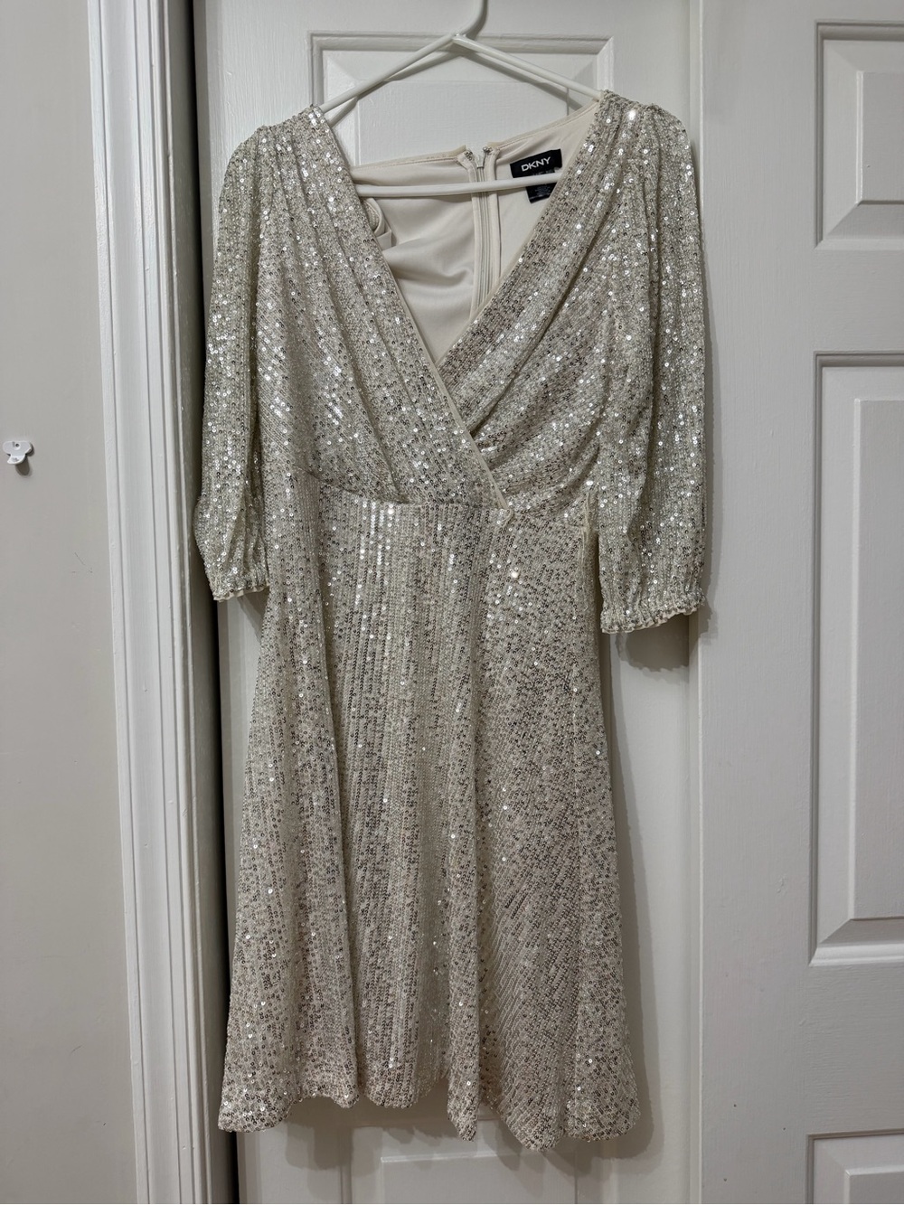 DKNY Champagne Sequin Wrap Midi Dress